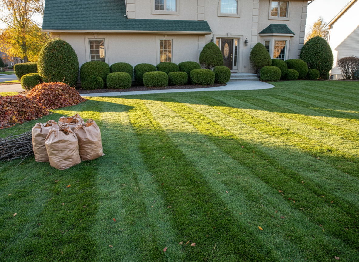 A meticulously maintained suburban front yard freshly landscaped by a professional service, featuring a lush green lawn with crisp, clean mowing lines, neatly edged concrete walkway, and well-shaped evergreen shrubs along the foundation. Fallen autumn leaves are gathered into tidy piles beside a curbside collection area with clearly sorted yard waste bags and a small, organized stack of branches. Soft late afternoon sunlight casts gentle, warm highlights across the grass and subtle shadows from the shrubs. Photographic realism at eye-level with a slight wide-angle view, sharp focus throughout, conveying a clean, orderly, and dependable atmosphere, ideal for a landscaping and cleanup business homepage hero image.