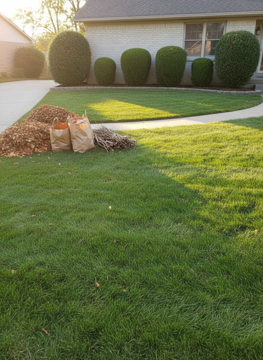 A meticulously maintained suburban front yard freshly landscaped by a professional service, featuring a lush green lawn with crisp, clean mowing lines, neatly edged concrete walkway, and well-shaped evergreen shrubs along the foundation. Fallen autumn leaves are gathered into tidy piles beside a curbside collection area with clearly sorted yard waste bags and a small, organized stack of branches. Soft late afternoon sunlight casts gentle, warm highlights across the grass and subtle shadows from the shrubs. Photographic realism at eye-level with a slight wide-angle view, sharp focus throughout, conveying a clean, orderly, and dependable atmosphere, ideal for a landscaping and cleanup business homepage hero image.