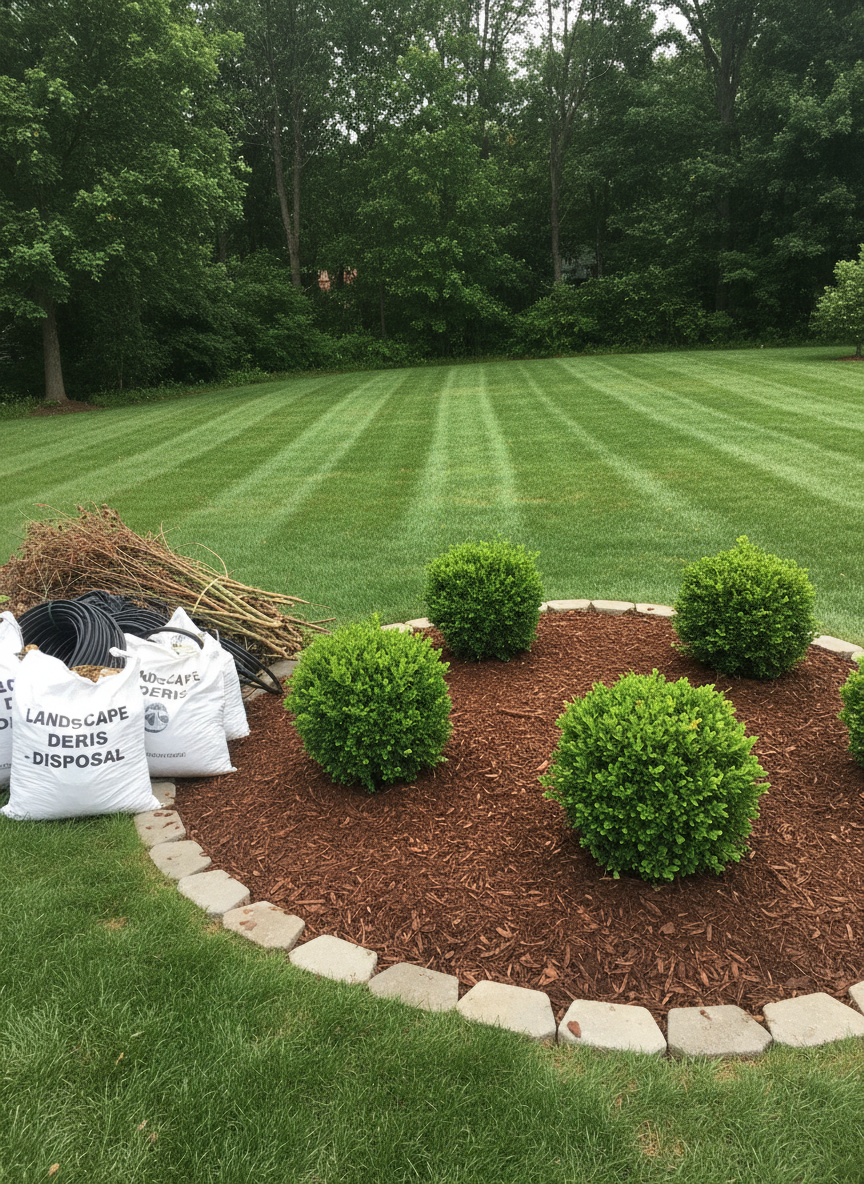 A vibrant backyard scene showcasing comprehensive landscaping services, with a freshly mulched flower bed in rich dark brown, carefully pruned ornamental bushes, and a newly defined stone border separating lawn from planting areas. In one corner, an orderly pile of removed debris—branches, old edging, and bags labeled for disposal—illustrates cleanup work in progress. Overcast daylight creates soft, even illumination with minimal shadows, emphasizing details and colors. Photographic realism, shot from a slightly elevated angle to capture the entire yard, with balanced composition and a calm, professional mood that communicates thorough, start-to-finish outdoor care.