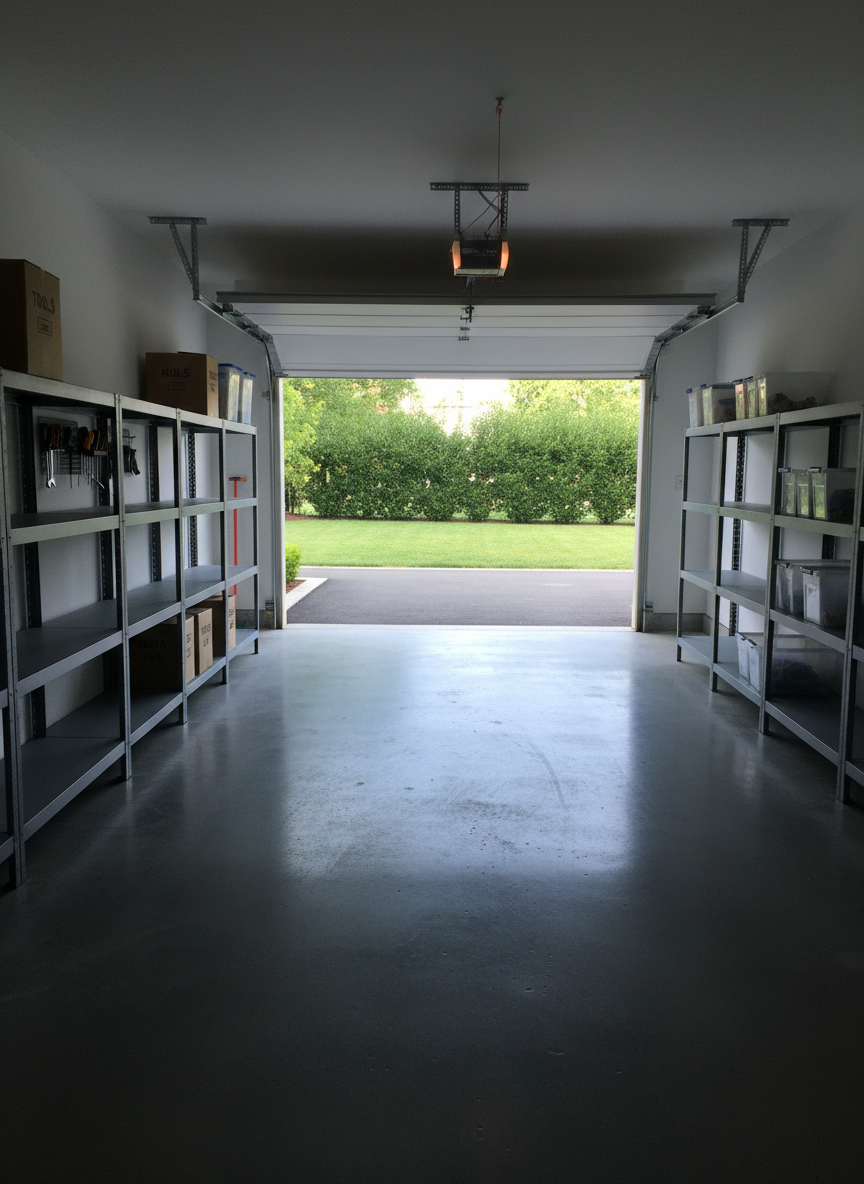 A clean, empty garage interior after professional junk removal, with smooth concrete floors swept spotless, neatly painted white walls, and labeled storage shelves containing only a few well-organized boxes and tools. In the foreground, an open garage door frames a glimpse of a freshly maintained driveway and trimmed hedges outside, subtly connecting interior and exterior services. Cool, diffused daylight fills the space, eliminating harsh shadows and emphasizing cleanliness. Photographic realism with a centered, eye-level composition and strong linear perspective down the length of the garage, creating a spacious, orderly, and trustworthy atmosphere suitable for a services overview page.