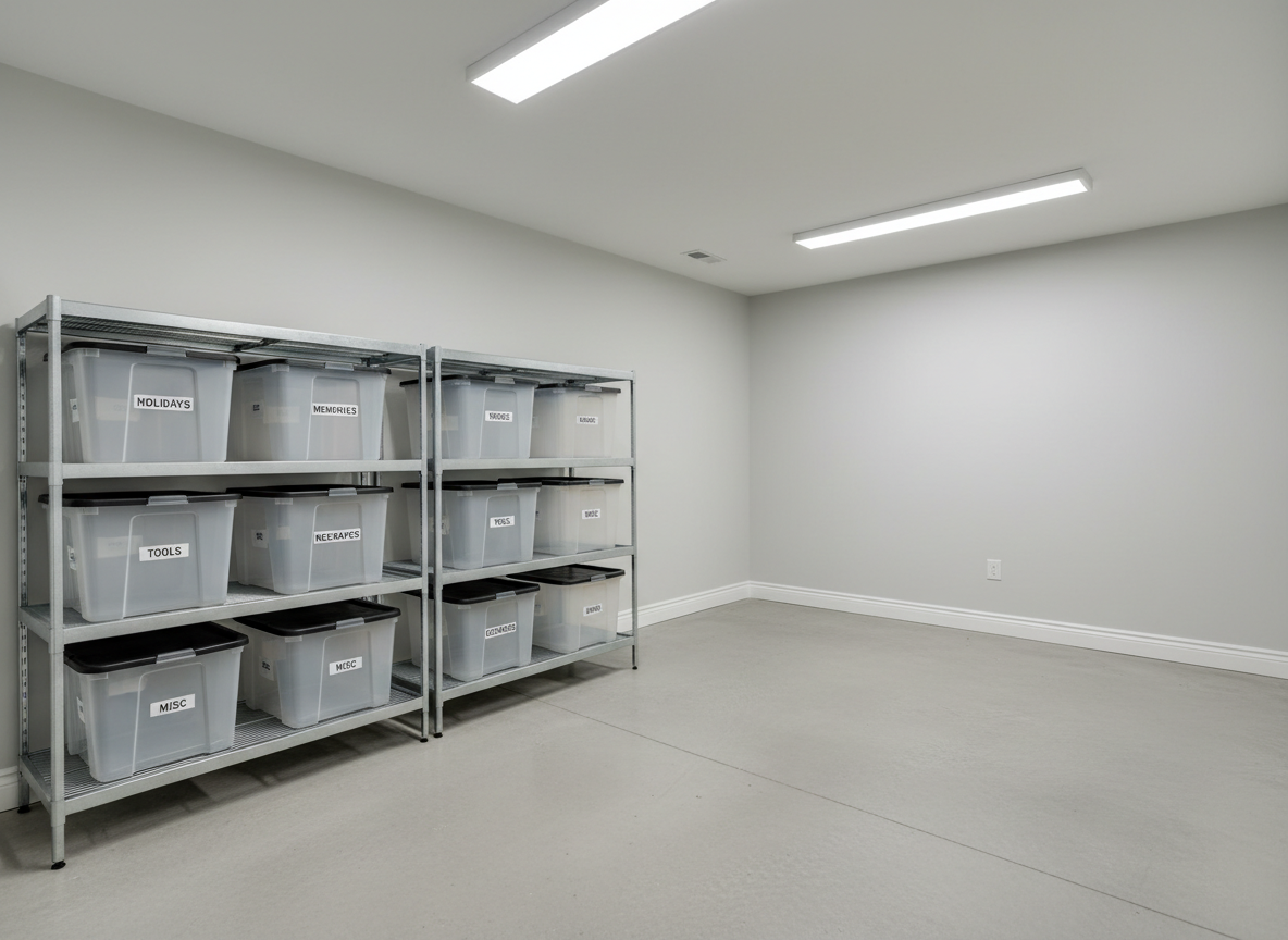 A tidy basement storage corner after interior junk removal, with smooth concrete floor, pale gray walls, and sturdy metal shelving units holding only a few labeled plastic bins evenly spaced. The opposite side of the frame shows clear open floor space where clutter once stood, emphasizing the regained room. Overhead LED lighting provides bright, neutral illumination with minimal shadows, reinforcing cleanliness and order. Photographic realism with a slightly wide, eye-level composition, strong vertical and horizontal lines, and a calm, efficient atmosphere that communicates the practical benefits of decluttering services.